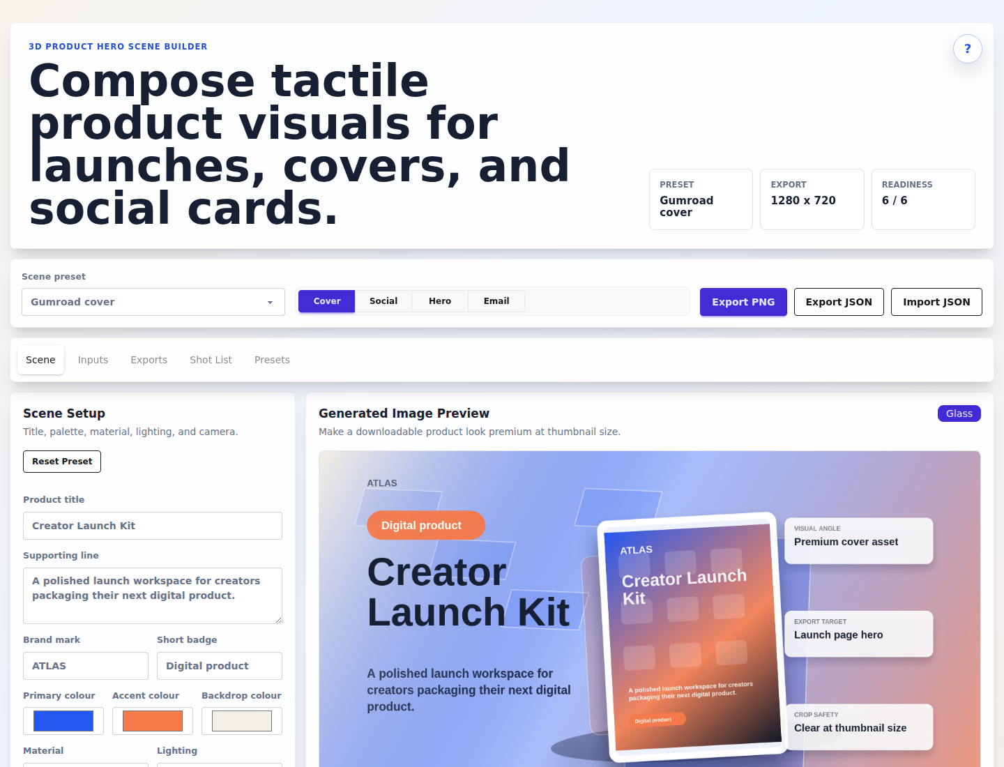 3D Product Hero Scene Builder workspace with generated-image preview, scene controls, and export panel